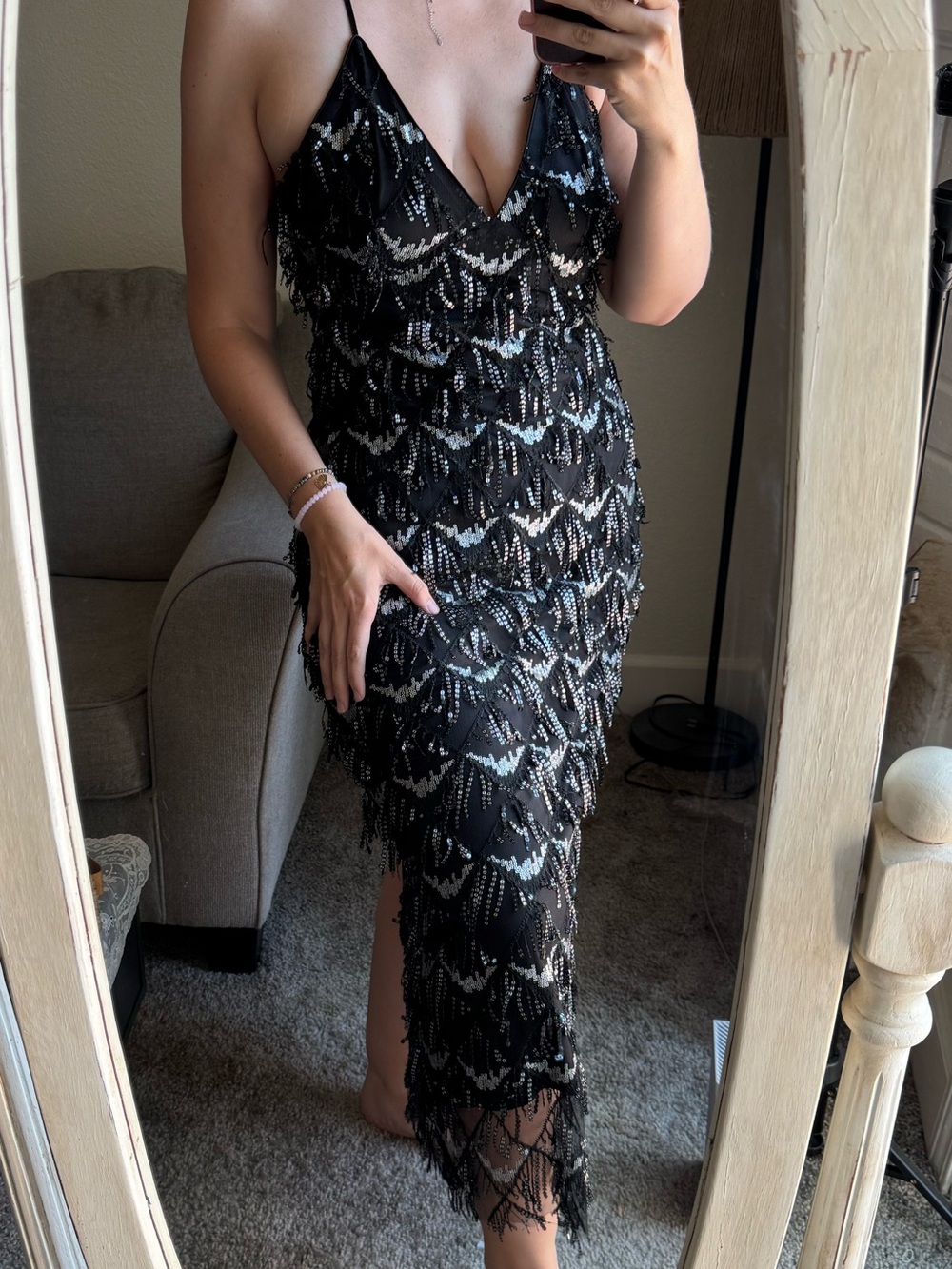 Lulu's Y2K Black & Silver Sequin Fringe Maxi Dress
